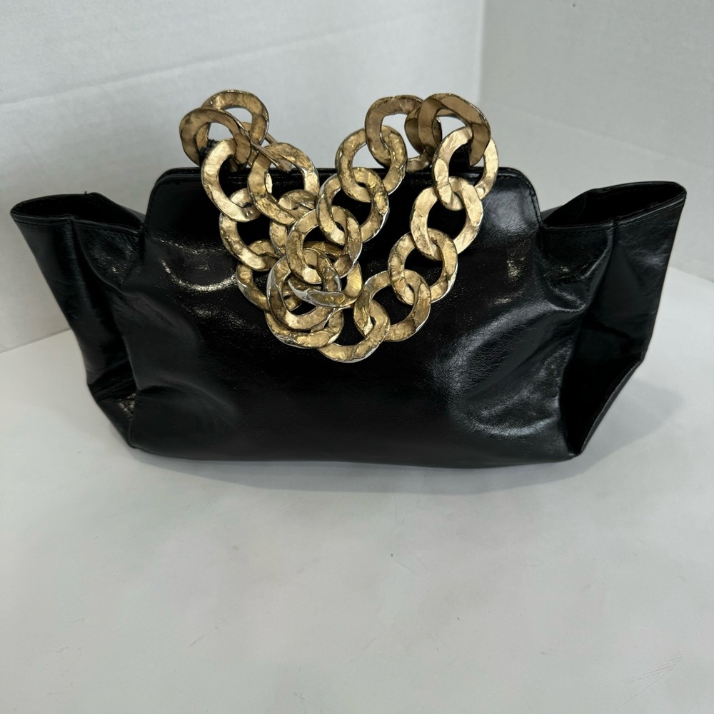 Kenneth Jay Lane black leather bag with substantial gold chain evening bag